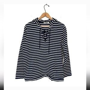 L.L. Bean | Navy Blue and White Striped Hooded Sweatshirt Size Large